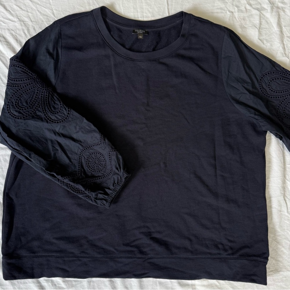 Talbots 2Xp Navy Blue 100% Cotton Embroidered Balloon Sleeve Mariner sweatshirt